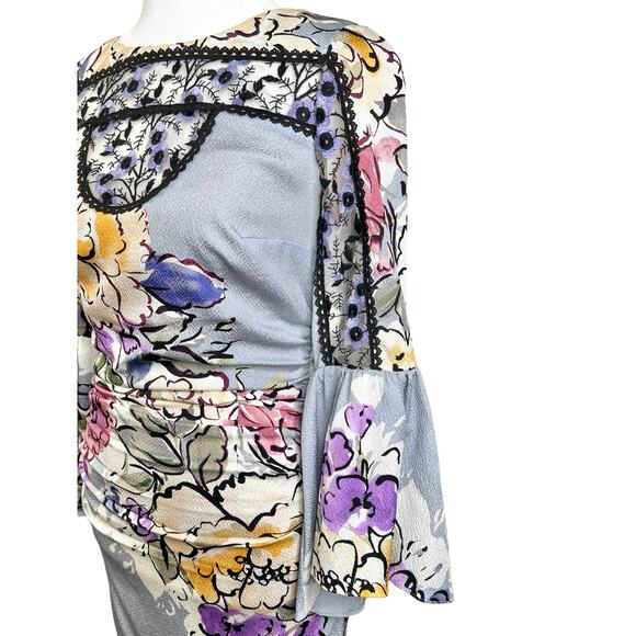 Tracy Reese Womens Size 0 Floral Lace 3/4 Sleeve Ruched Sheath Dress Grey Violet - Picture 9 of 16